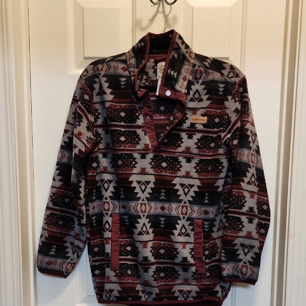 Cinch Red and Black Geometric Fleece Sweatshirt XS Mens
